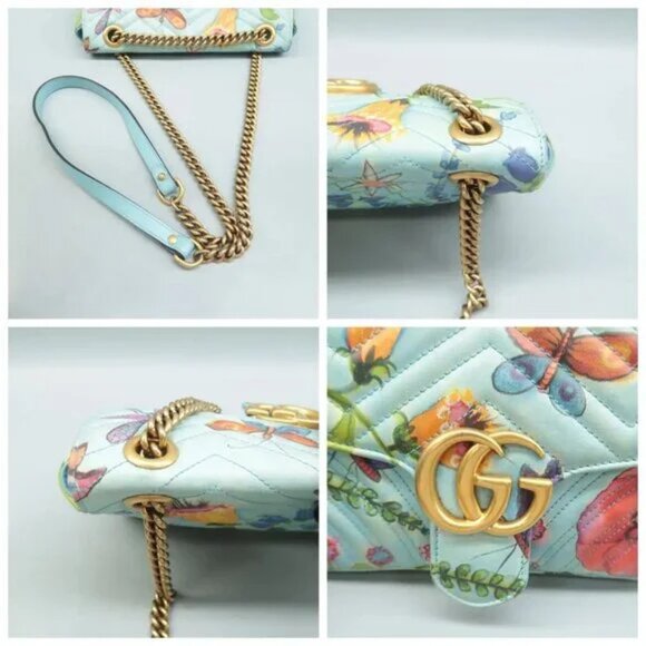 100% Authentic GUCCI GG Marmont Flap Blue Unskilled Worker Leather Shoulder Bag - Picture 7 of 12